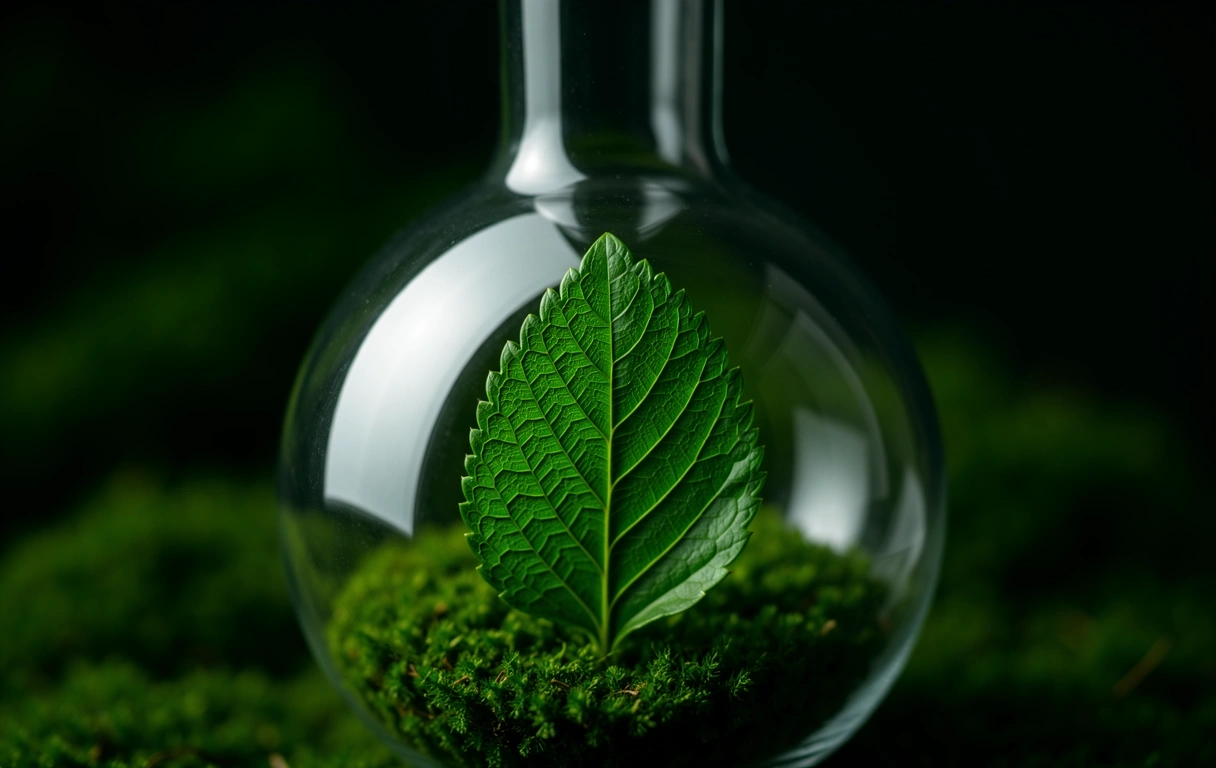 Laborglas mit Pflanzenreflexion